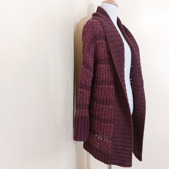 Susina Burgundy Striped Thick Knit Open Front Longline Cardigan Sweater Small - Picture 5 of 13